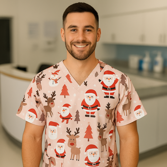 Christmas Scrub Top – Pink Santa