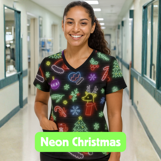 Christmas Scrub Top – Neon Christmas