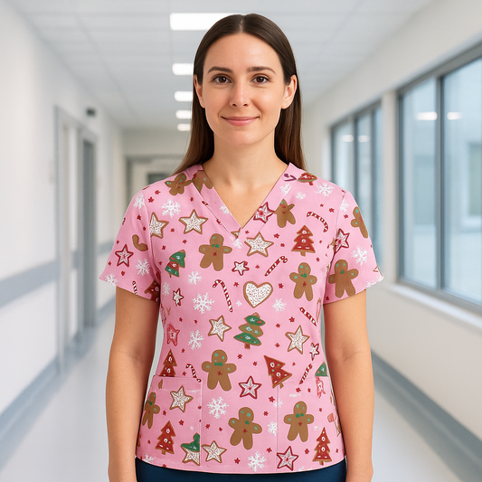 Christmas Scrub Top – Pink Gingerbread