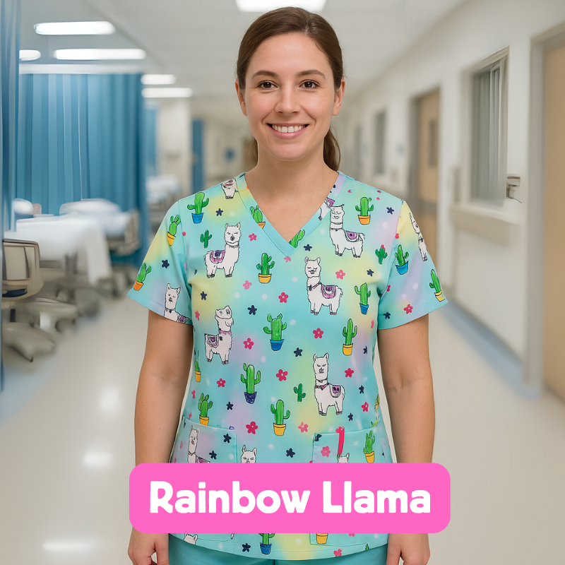 Scrub Top – Rainbow Llama