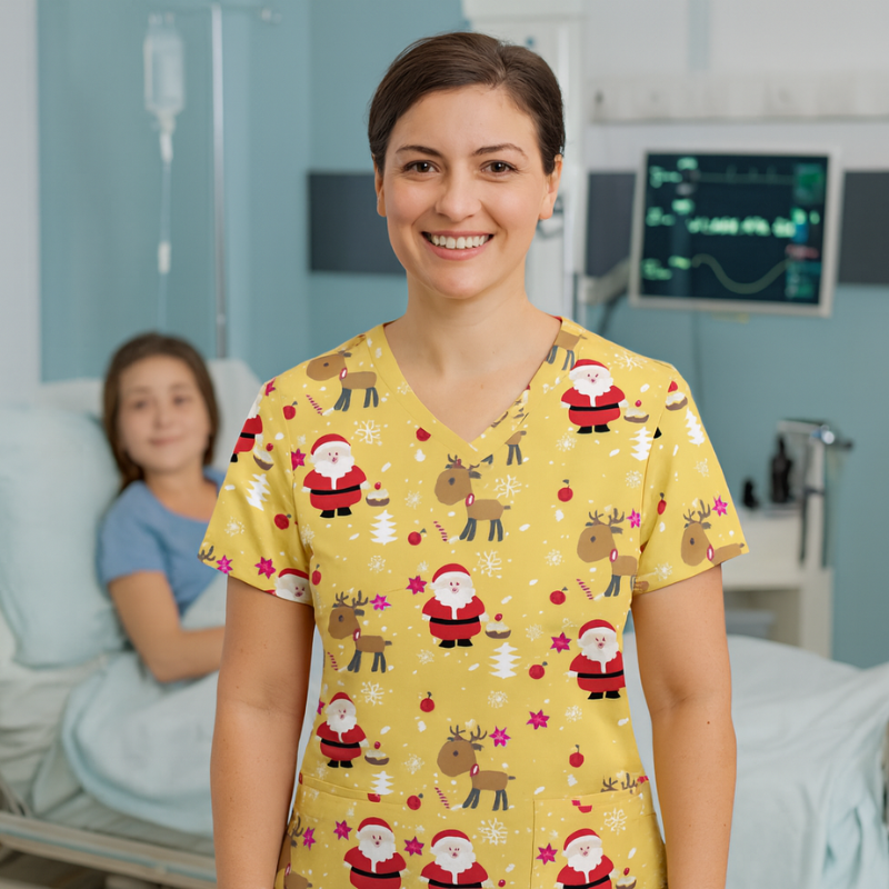 Christmas Scrub Top – Yellow Santa