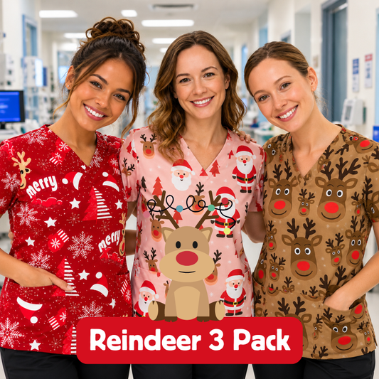 3 Scrub Tops – Reindeer (3 Pack)