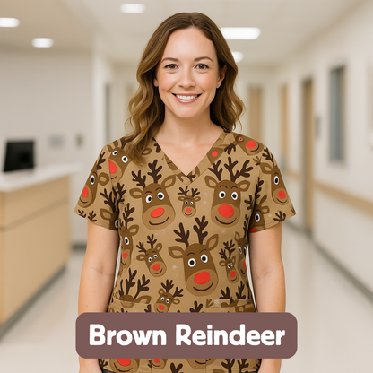 Christmas Scrub Top – Brown Reindeer