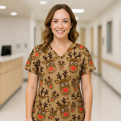 Christmas Scrub Top – Brown Reindeer
