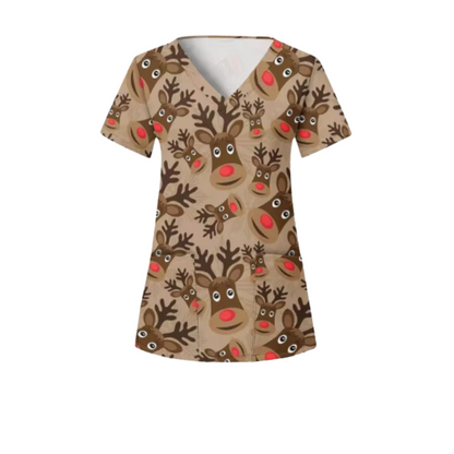 Christmas Scrub Top – Brown Reindeer