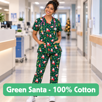 Cotton Scrub Set – Green Santa