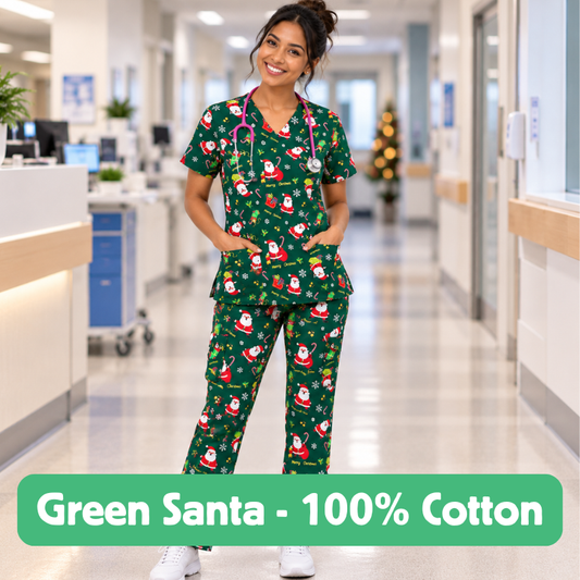 Cotton Scrub Set – Green Santa