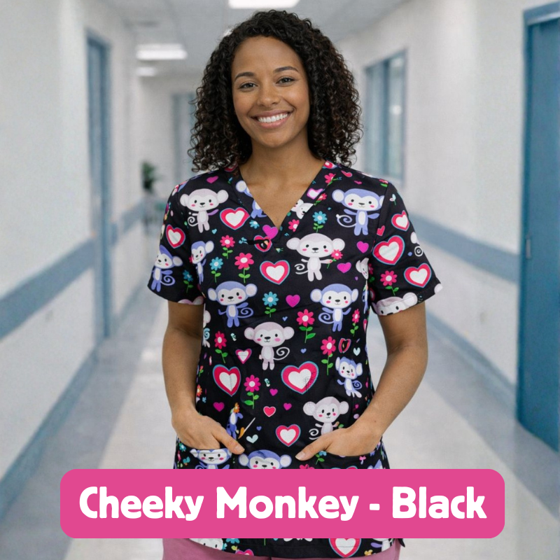 Scrub Top – Cheeky Monkey (Black)