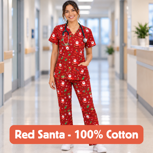 Cotton Scrub Set – Red Santa