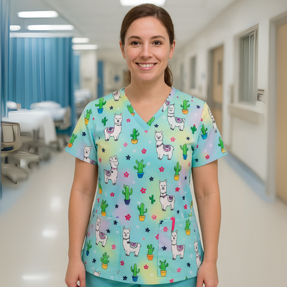 Scrub Top – Rainbow Llama