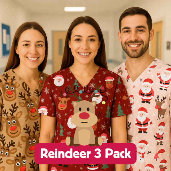 3 Scrub Tops – Reindeer (3 Pack)