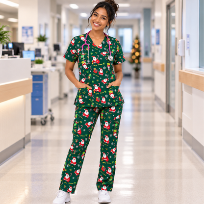 Cotton Scrub Set – Green Santa