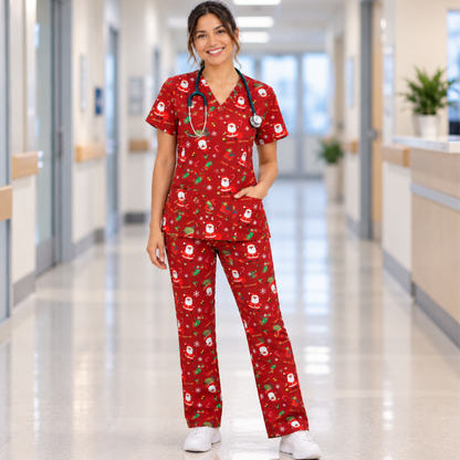 Cotton Scrub Set – Red Santa