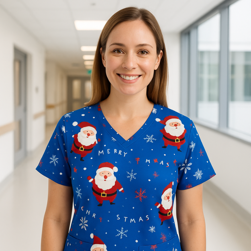 Christmas Scrub Top – Blue Santa