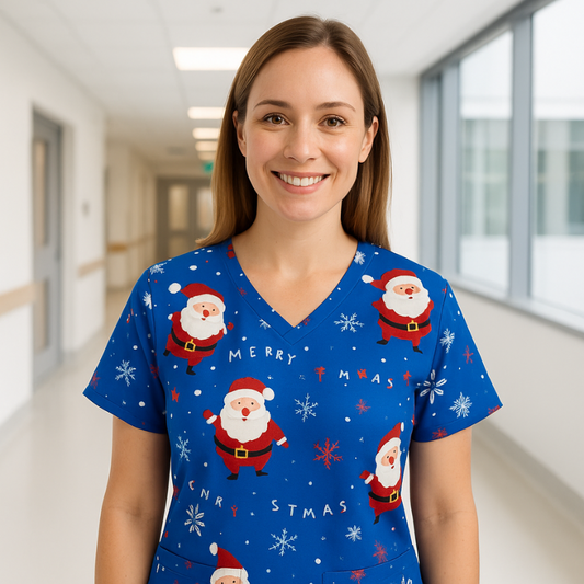 Christmas Scrub Top – Blue Santa